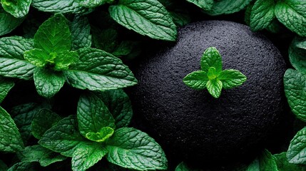 Black stone with green leaves lying on it, serving as a spa concept background, ideal for beauty and wellness themes or as a backdrop for content related to a healthy lifestyle.