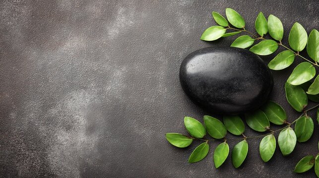 Black stone with green leaves lying on it, serving as a spa concept background, ideal for beauty and wellness themes or as a backdrop for content related to a healthy lifestyle.