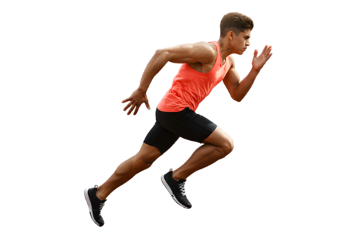 Photo of a Running Athlete in Orange Vest and Black Shorts Isolated