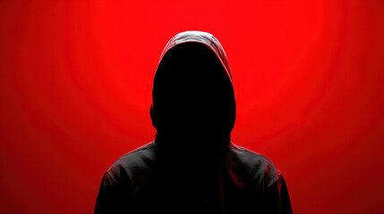 Mysterious figure in dark hoodie stands against vibrant red background, creating intense and dramatic atmosphere. silhouette evokes feelings of intrigue and suspense