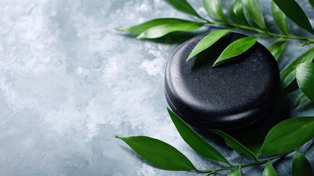 Black stone with green leaves lying on it, serving as a spa concept background, ideal for beauty and wellness themes or as a backdrop for content related to a healthy lifestyle.