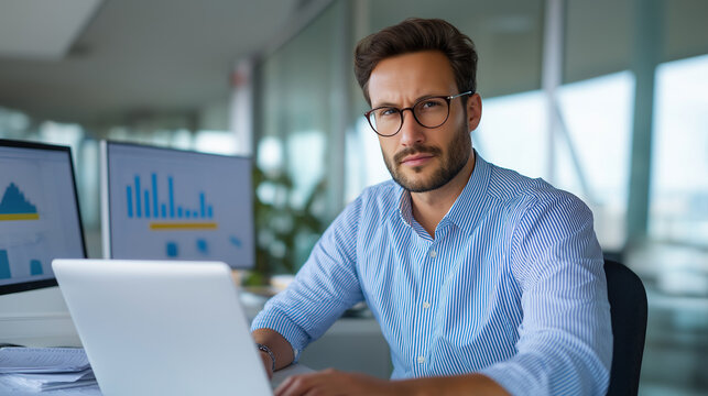 A skilled financial analyst working at a modern desk analyzing medical data on a laptop multiple charts and graphs displayed across dual monitors posture upright with serious