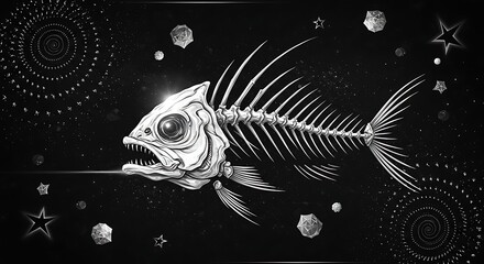 Trippy Psychedelic Fish Skeleton Illustration with Abstract Geometric Patterns on Monochrome Canvas"