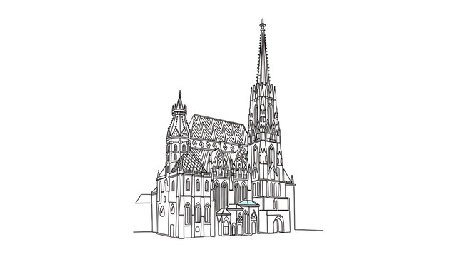 St. Stephen's Cathedral in Vienna, Austria, drawn in a continuous line style. Minimalist vector illustration of the iconic Gothic cathedral.