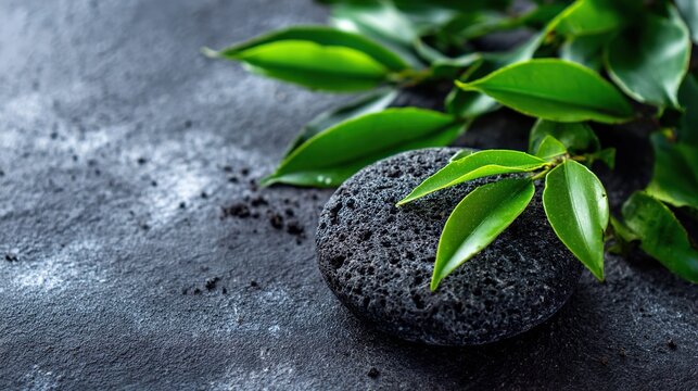 Fototapeta Black stone with green leaves lying on it, serving as a spa concept background, ideal for beauty and wellness themes or as a backdrop for content related to a healthy lifestyle.