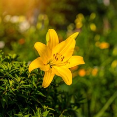 Obraz premium Bright yellow lily in garden (1)