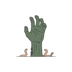 Zombie hand rising from the ground with worms on Halloween
