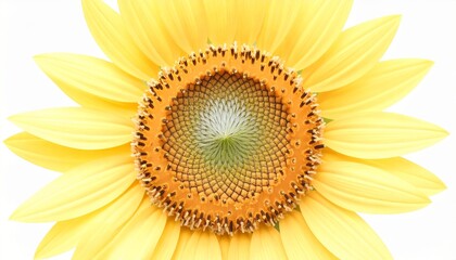 Fototapeta premium Vibrant yellow sunflower in full bloom, a detailed close-up showing the intricate Fibonacci spiral pattern of its seeds, isolated on a clean white background