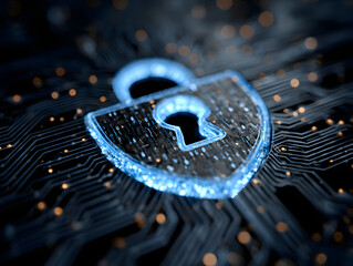 Padlock shield digital background with blue glowing ircuitry. Ideal for cyberscurity concepts, technolog themes, and digital protetion designs.