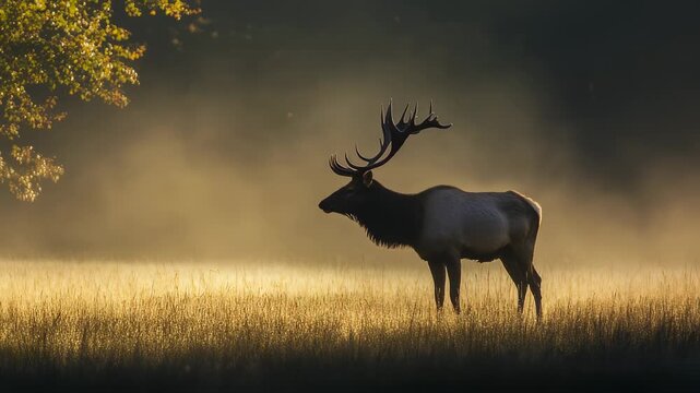 Majestic Elk in a Misty Meadow, Bathed in the Golden Light of Dawn or Dusk