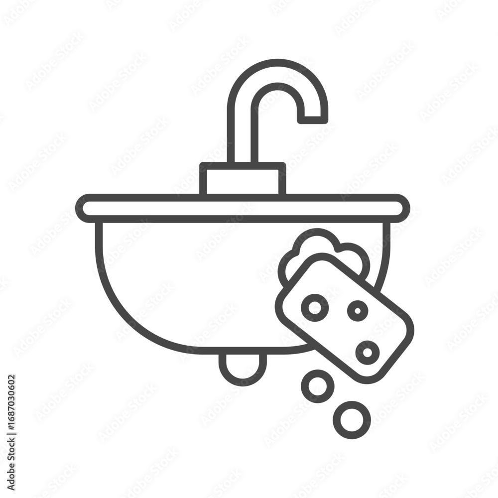 Poster outline of a sink with a curved faucet sponge and bubbles. editable stroke. icon vector illustration