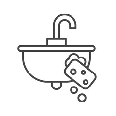 Outline of a sink with a curved faucet sponge and bubbles. Editable stroke. Icon vector illustration