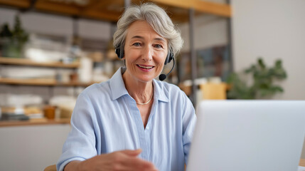 A senior woman confidently presenting virtual real estate during an online video call laptop showing detailed property visuals headset on as she explains with enthusiasm bright
