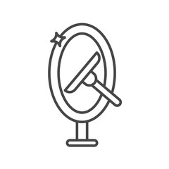 An oval vanity mirror is being cleaned with a squeegee The mirror has a shiny glow. Editable stroke. Icon vector illustration