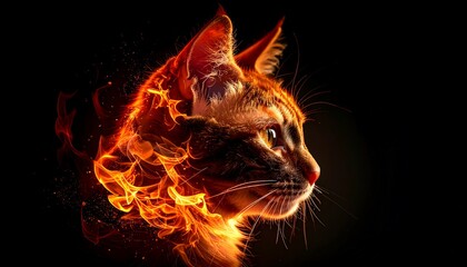Close-Up of Fiery Cat – Hyperrealistic Fire-Shaped Feline on Dark Background