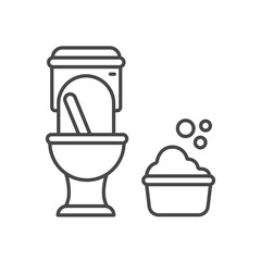 A toilet with an open lid and a basket of soap bubbles. Editable stroke. Icon vector illustration