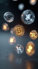 Glossy glass spheres with currency and crypto symbols hover in soft bokeh, hinting at digital money, payments and exchange. Futuristic finance visual for ads, app headers, web articles