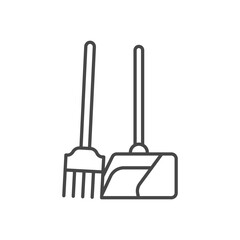 A line drawing of a broom and dustpan side by side. Editable stroke. Icon vector illustration