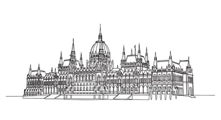 Fototapeta premium The Hungarian Parliament Building in Budapest in a single continuous line. Minimalist vector illustration of this famous Danube river landmark.