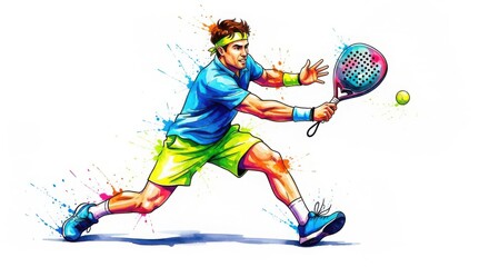 Sporty Man Playing Paddle Tennis with Colorful Watercolor Style Illustration