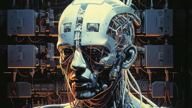 Futuristic cyborg head with exposed circuits, captured in a close-up angle. High-tech, sci-fi video concept with intricate mechanical details. Live desktop wallpaper.