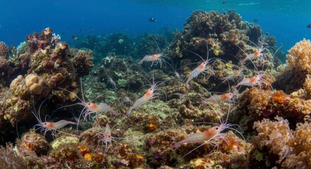 Fototapeta premium Underwater wonderland teeming with translucent shrimp amidst a vibrant coral reef habitat