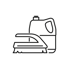 A cleaning brush overlaps a plastic jug with a handle they are both outlined in black. Editable stroke. Icon vector illustration