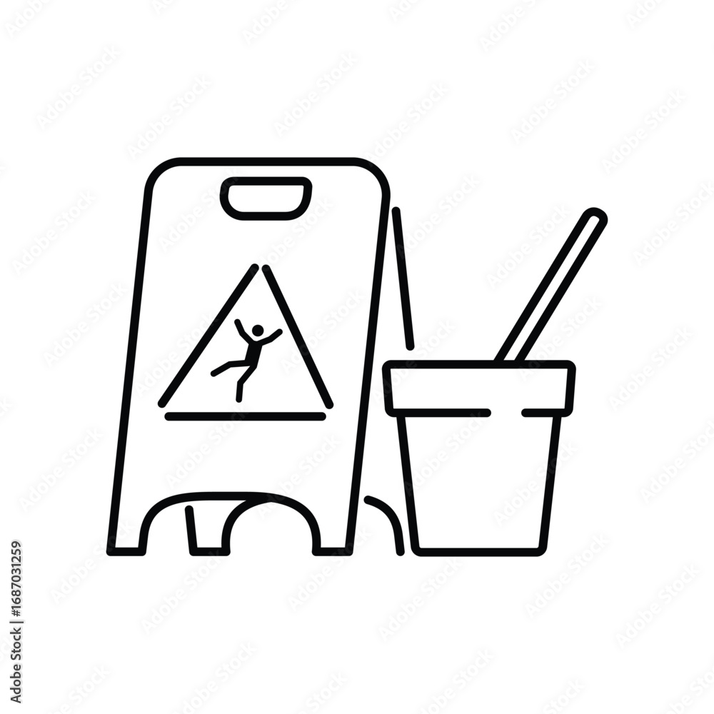Poster a black line drawing wet floor warning sign and a bucket with a stick the sign features a triangle w