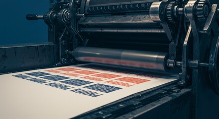 Vintage letterpress printing machine in action producing text on paper stock material
