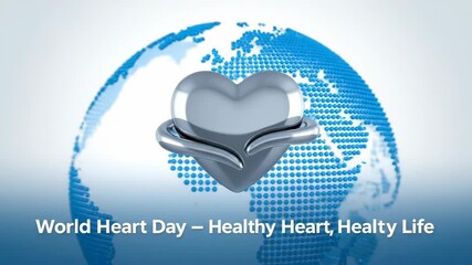 Symbolic Metallic Heart Embraced by Arms with Rotating Blue World Globe for World Heart Day Promotion - Powered by Adobe