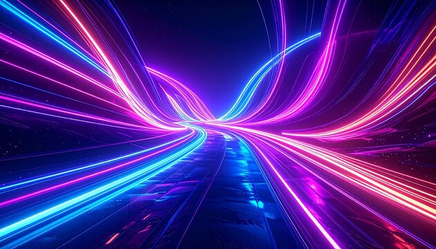 Neon lights speed through a tunnel