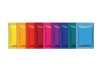 Obraz premium Colorful foil sachets isolated on transparent background, showcasing a spectrum of vibrant hues in a neat row
