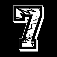 Vector design of the number seven with a cracked pattern. with a black background.