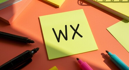 Workspace with sticky notes and pens illustrating WX concept for creative thinking