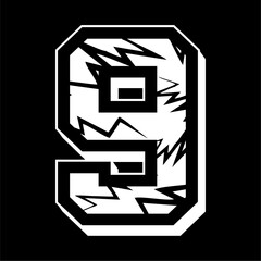 Vector design of the number nine with a cracked pattern. with a black background.
