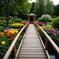 Photo Elegant wooden Bridge in a garden with colorful flowers