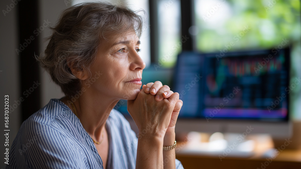 Poster an elderly woman reviewing stock market data on her computer multiple graphs and numbers glowing on 
