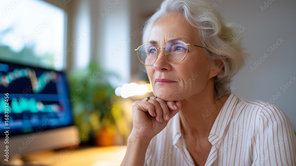 Aufkleber an elderly woman reviewing stock market data on her computer multiple graphs and numbers glowing on 