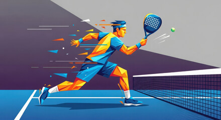 Dynamic Padel Player Running with Blue Paddle on Blue Court