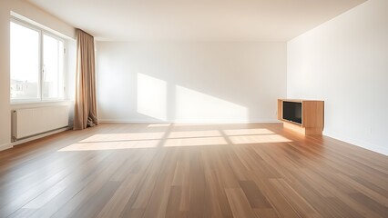 Minimalist living room with wooden floors, embodying clean and spacious design.