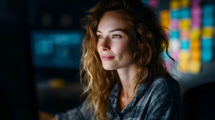 A focused woman working late at night in her illuminated workspace surrounded by colorful notes