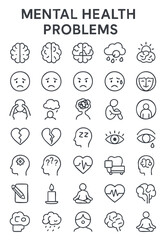 A minimalistic line-style icon set illustrating a wide range of mental health problems and emotional states.