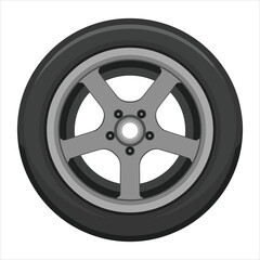 Obraz premium Car wheel with silver alloy rim and black tire on white background Keywords: car, wheel, tire, rim, alloy, automotive, vehicle
