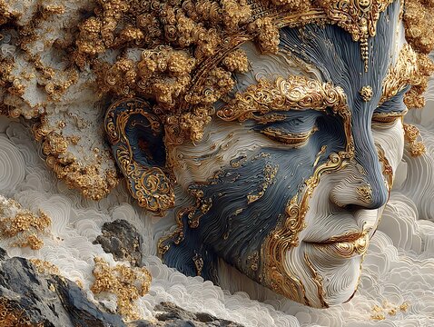 Digital pulse patterns merging with gold-etched ancient stone relief textures