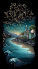 Whimsical coastal village with swirling waves and decorative foliage on dark background
