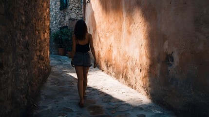 A woman walks down a sun drenched narrow cobblestone alley in an old European town