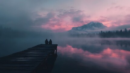 Couple on a wooden pier watching a misty sunrise over a tranquil mountain lake with reflections