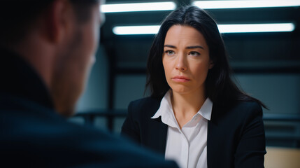 Fototapeta premium An investigator interviewing an angry female prison inmate expressions intense across a stark interrogation table cold fluorescent light casting sharp shadows atmosphere of