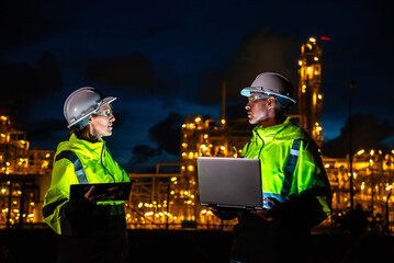 Team of construction engineers in uniforms and helmets examine project with tablet Industrial plant or oil refinery background at night