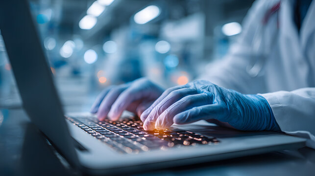 A healthcare worker types on a laptop, emphasizing cbersecurity practices in amedical environment to ensre data safety for patient